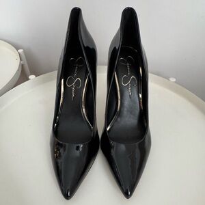 Black shiny closed toe heels